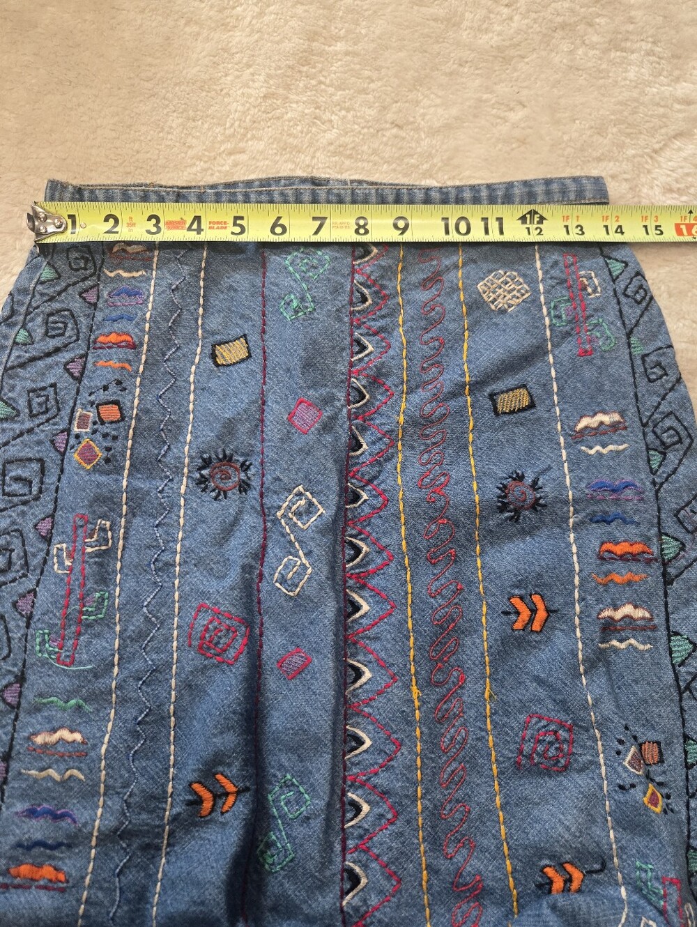 Chico's Design Vintage Embroidered Denim Maxi Fringed Boho Folk Skirt, 0 - 4/S - Picture 3 of 6